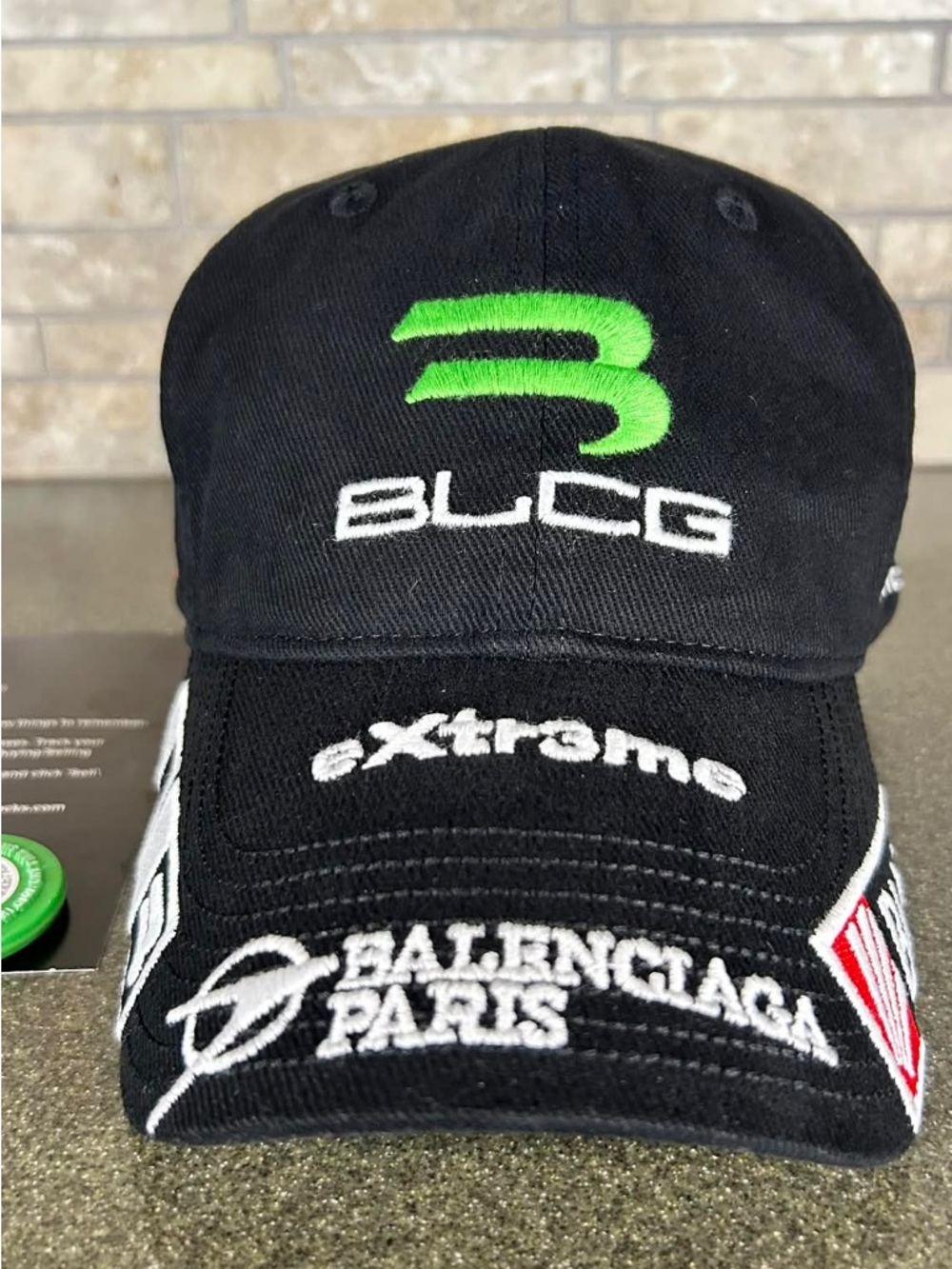 Balenciaga Black Baseball Cap with Green Accent and White Embroidery